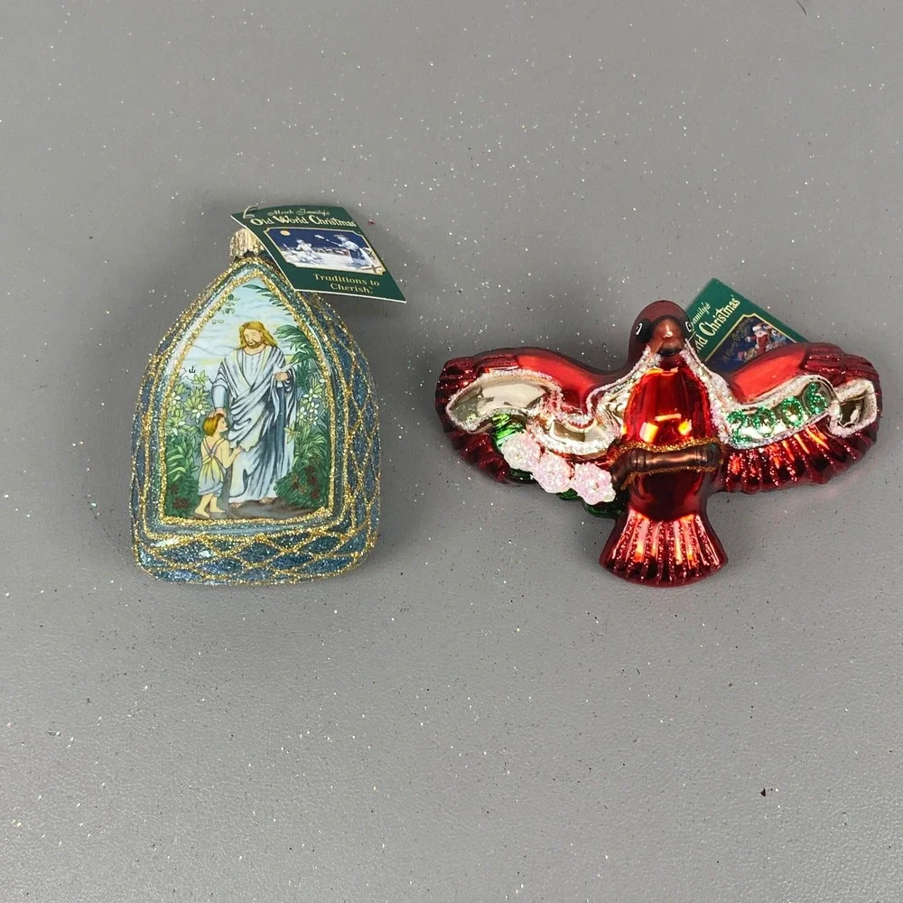 Old World Christmas Glass Holiday Ornaments Jesus Inside Art & Red Cardinal Set